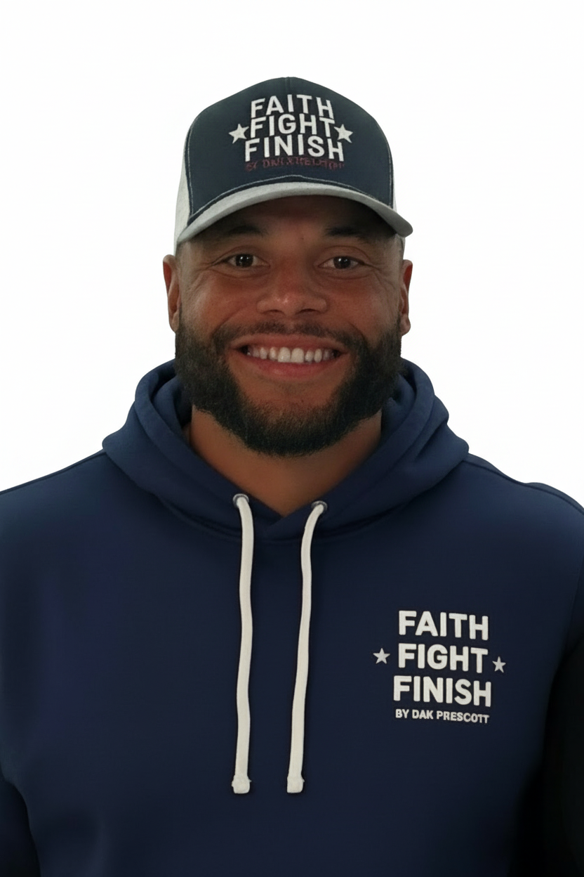Man wearing a navy hoodie and cap with 'Faith Fight Finish' text on a white background
